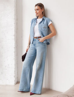 Джинсы трубы прямые с декоративной стиркой из эластичного денима - Vilatte фото 4