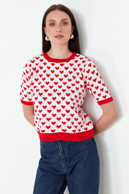 K?rm?z? Bisiklet Yaka Kalp Desenli Ince Triko Bluz TWOSS21KZ0008 - Trendyolmilla фото 2
