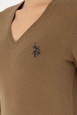 Женский базовый свитер темно-хаки меланжевого цвета с v-образным вырезом Неожиданная скидка в корзине - U.s. polo assn фото 7