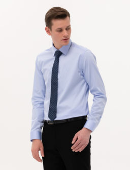 Koyu Mavi %100 Pamuk Parlak Saten Slim Fit Uzun Kollu Basic G_mlek