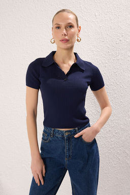 Lacivert-Ekru Basic Polo Yaka Ikili Paket Triko Ince Bluz TWOSS25BZ00503