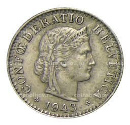Монета 20 раппенов 1943 года Швейцария