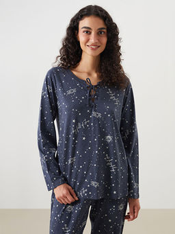 Ba?lamal? Yaka Bask?l? Kad?n Pijama Tak?m?