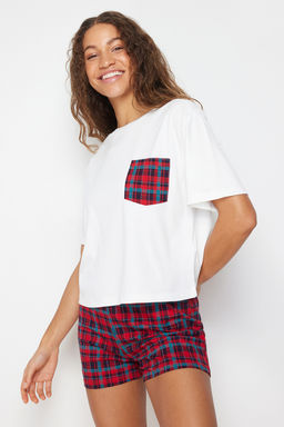 Trendyolmilla Beyaz Cok Renkli %100 Pamuklu Ekoseli Sortlu Orme Pijama Tak?m? THMSS24PT00037