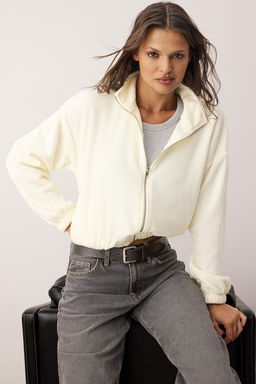 Ekru Polar Fermuarl? Oversize/Genis Kal?p Kal?n Orme Sweatshirt TWOAW26SW00057