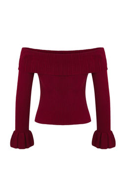 Bordo Fitted/Vucuda Oturan Carmen Yaka Fitilli Triko Kazak TWOAW26KZ00010 - Trendyolmilla фото 6