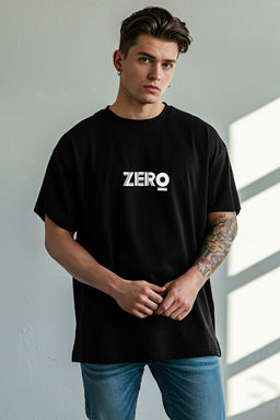 Siyah Regular/Normal Kesim Zero Bask_l_ %100 Pamuk T-Shirt