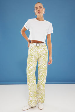 Cok Renkli Animal Zebra Desenli Yuksek Bel Wide Leg Jeans TWOSS25JE00206