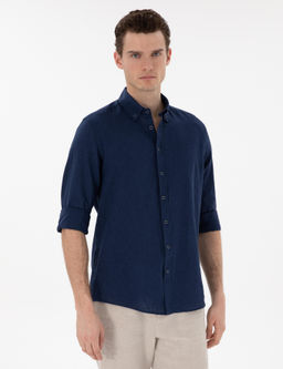 Lacivert Keten Kar___ml_ Regular Fit Uzun Kollu G_mlek