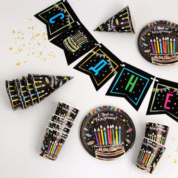 Посуда одноразовая бумажная «С днём рождения», 6 тарелок, 1 гирлянда, 6 стаканов, 6 колпаков