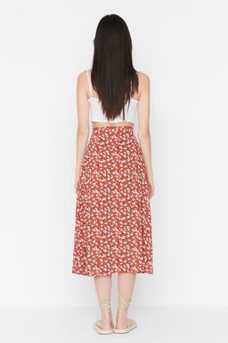 Kiremit Y?rtmac Detayl? Cicek Desenli Viskon Kumasl? Midi Boy Dokuma Etek TWOSS20ET0230