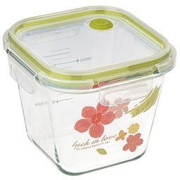 Лак ин лав (Luck in love) Контейнер стеклянный 900мл, 13х13см h10,5см, боросиликатное стекло, с деколью, с мерной шкалой, квадратный, пластмассовая крышка с пароотводом, герметичная, с клипсами, с силиконовым уплотнителем (Китай)