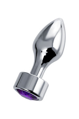 Анальная втулка Штучки-дрючки, металл, серебряная, с кристаллом фиолетовым, 9,5 см, 3,5 см, 130  фото 2