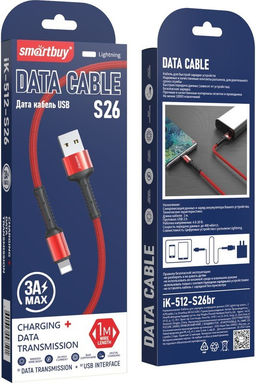 Кабель Lightning - USB, 1 м, "S26", В КОРОБКЕ (iK-512-S26r) "Smartbuy", красный, 3А