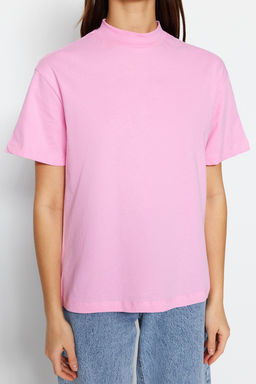 Pembe-Beyaz 2li Paket %100 Pamuk Basic Dik Yaka Orme T-Shirt TWOSS20TS1500