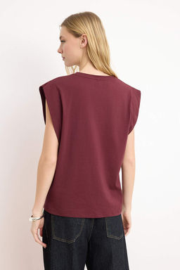 Bordo %100 Pamuk Dugme Detayl? Vatka Gorunumlu Basic Bisiklet Yaka Orme T-Shirt TWOSS23TS00016