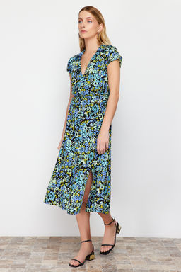 Lacivert Cicek Desenli A Kesim Kruvaze Yaka Viskon Midi Dokuma Elbise TWOSS24EL00607 - Trendyolmilla фото 2