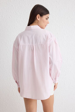 Ac?k Pembe Basic Cizgili Oversize Genis Kal?p Dokuma Gomlek TWOSS23GO00144