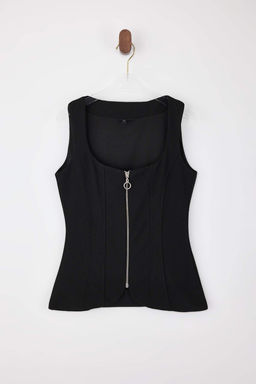 Limited Edition Siyah Fitted/Vucuda Oturan Kare Yaka Fermuarl? Scuba Krep Orme Bluz TWOSS26BZ00029