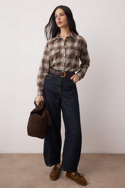 Kahverengi-Cok Renkli Ekose Gold Dugme Detayl? Oversize Gomlek TWOAW26GO00129