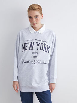 G?mlek Yaka Bask?l? Oversize Kad?n Sweatshirt Tunik