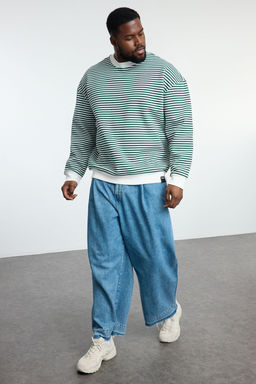 TRENDYOL MAN Buyuk Beden Siyah Oversize/Genis Kesim Cizgili Ici Polarl? Sweatshirt TMNAW25AO00017 - Trendyolmilla фото 2