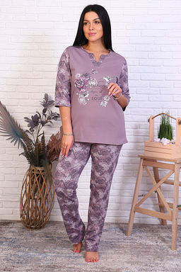 Пижама с брюками футер с начёсом, принт, кофе (945-2) - Плиона фото 2