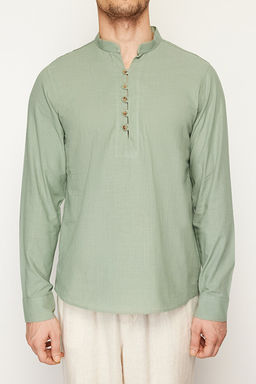 A__k Haki Slim Fit Yar_m Patl_ Hakim Yaka %100 Pamuklu Keten G_r_n_ml_ G_mlek TMNSS20GO0097