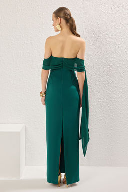 TRENDYOLMILLA Ac?k Mavi Carmen Yaka Dokuma Uzun S?k Abiye Elbise TPRSS25AE00115 фото 8