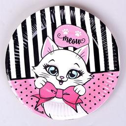 УЦЕНКА Набор бумажной посуды c масками «Кошечка», 6 тарелок, 6 стаканов, 6 масок