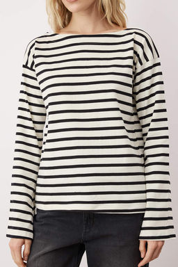 Ekru Kal?n Pamuklu Cizgili Regular/Normal Kal?p OrmeT-Shirt TWOAW26TS00001