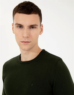 Koyu Ye_il Slim Fit Bisiklet Yaka Basic Triko Kazak