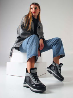 Ботинки 350.uno2bl. черный серый/Мех