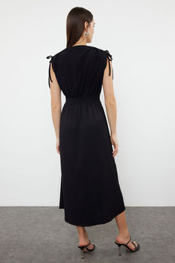 TRENDYOLMILLA Siyah Duz S?f?r Kol Kruvaze Skater/Belden Ac?lan Buzgulu Esnek Midi Elbise Orme TWOSS24EL01063  фото 12