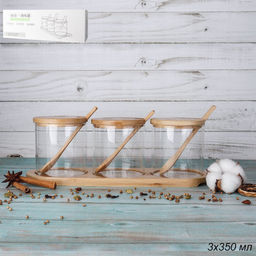 Банка 3 штуки с бамбуковой крышкой и ложками на подставке / GT-35-28 /уп 24/