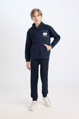 Темно-синий толстый свитшот обычного кроя с капюшоном и принтом на спине для мальчиков - Defacto фото 2