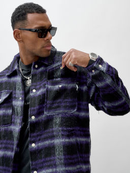 Куртка рубашка шерстяная в клетку мужская демисезонная темно-фиолетового цвета 58569TF