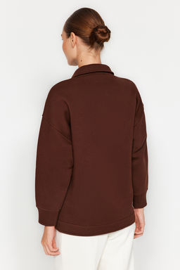 Kahverengi Oversize/Genis Kal?p Cepli ve Dugmeli Polo Yaka Ici Polarl? Orme Ceket TWOAW24CE00000 - Trendyolmilla фото 5