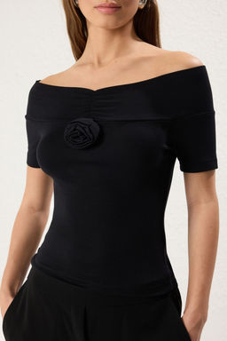 Siyah Gul Detayl? Fitted/Vucuda Oturan Esnek Orme Bluz TWOSS25BZ00219 - Trendyolmilla фото 3