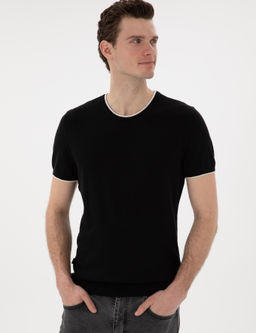 Siyah Slim Fit Bisiklet Yaka Triko Ti__rt - Pierre cardin фото 3