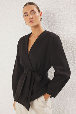 Trendyolmilla Siyah Kruvaze Baglama Detayl? Dokuma Blazer Ceket TWOSS25BC00031 фото 2