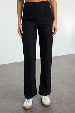 Siyah Straight/Duz Kesim Yuksek Bel Nervur Dikisli Dokuma Pantolon TWOSS21PL0093