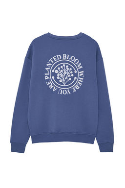 Indigo Oversize/Genis Kesim Cicek Nak?sl? Ici Polar/S?cak Tutan Sweatshirt TMNAW24SW00012