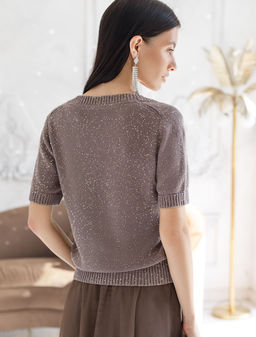 Джемпер с V вырезом и коротким рукавом из хлопковой пряжи с пайетками - Vilatte фото 3