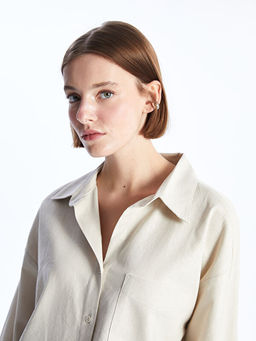 D?z Uzun Kollu Oversize Keten Kar???ml? Kad?n G?mlek