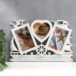 Фоторамка - коллаж на 3 фото 10?15, 12?12 см Корабль, пластик, мультирамка, белая, 25?40 см