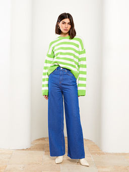 Bisiklet Yaka ?izgili Uzun Kollu Kad?n Triko Kazak