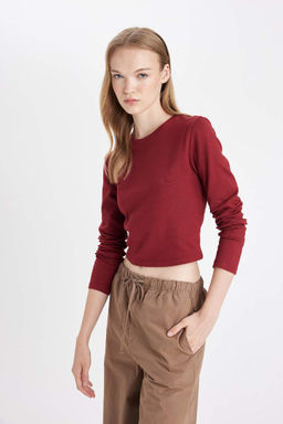 Женская классная однотонная футболка в рубчик с круглым вырезом и длинными рукавами - Defacto фото 3