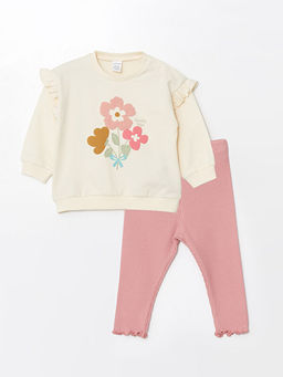 Bisiklet Yaka Uzun Kollu Bask?l? K?z Bebek Sweatshirt ve Tayt 2li Tak?m
