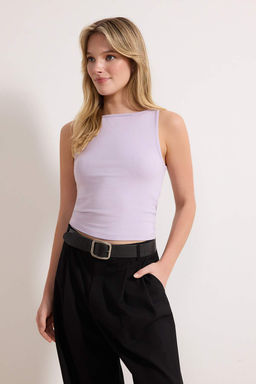 Lila Ask?l? Fitted/Vucuda Oturan Esnek Orme Bluz TWOSS24BZ00535